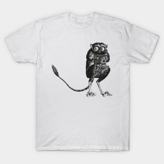 Say Cheese! | Tarsier with Vintage Camera | Bellows Camera | Black and White | Anthropomorphic | T-Shirt by Eclectic At Heart